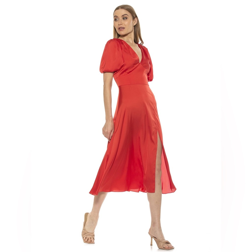 Alexia Admor Red Satin Puff Sleeve Midi V Neck Slit Dress Size 6